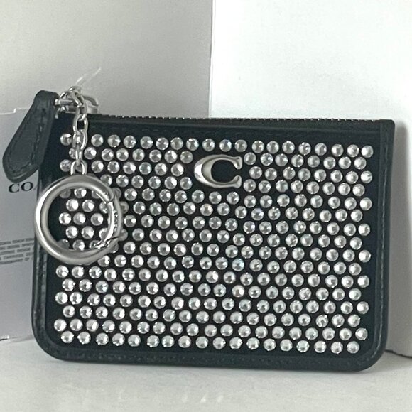 Coach Essential Mini ID Card Case Wallet Keychain Crystal Black Leather CX249 - Picture 5 of 9